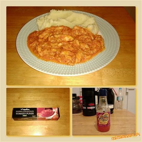 Hotová zemiaková kaša s kuraťom na chilli paradajkovej omáčke