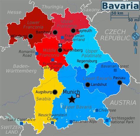 Mapa Bavorska s vyznačenými mestami známej kuchyne