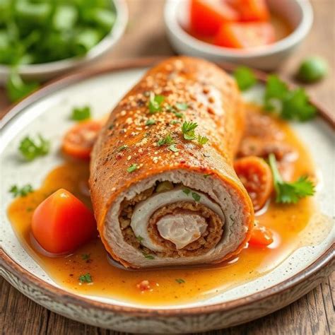 Servírovanie bravčového mäsa s omáčkou a prílohou