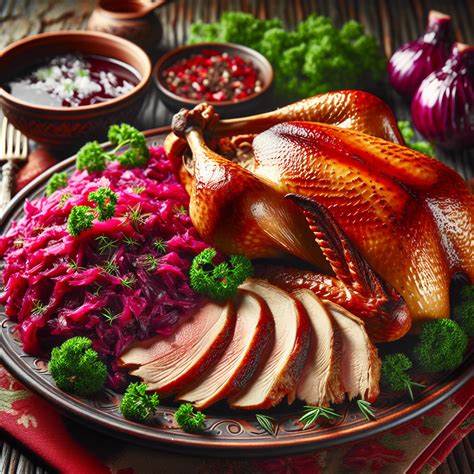 servírovaná hus s červenou kapustou a lokšami