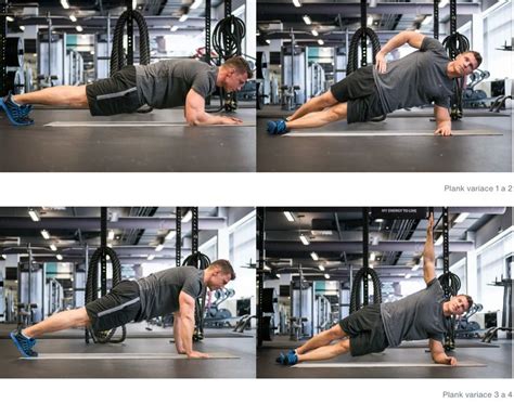 Koláž rôznych cvikov na brucho, vrátane planku, zdvíhania nôh a TRX