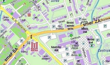 Mapa Považskej Bystrice s vyznačenými reštauráciami