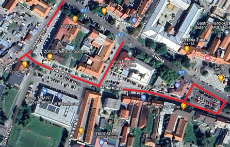 Mapa Zlatých Moraviec s vyznačenou polohou pekárne KAMA