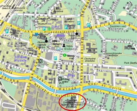 Mapa mesta Prievidza s vyznačenými kultúrnymi inštitúciami