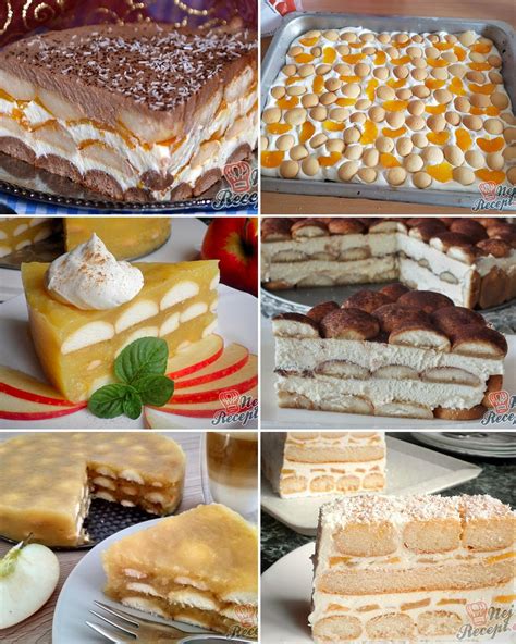 Koláž rôznych druhov nepečených tort z piškót