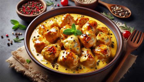 Servírovaný tanier s kuracími stehnami v smotanovej omáčke a prílohou