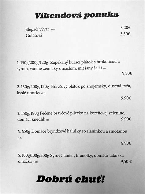 Ukážka jedál z jedálneho lístka reštaurácie Sladkovičova