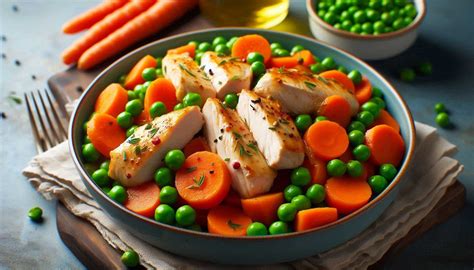 Čerstvo pripravené kuracie stehná s mrkvou a hráškom