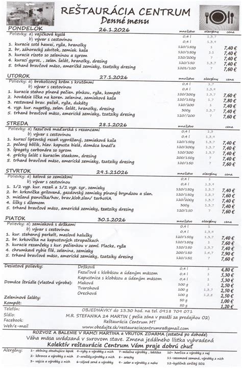 Ilustračná fotka jedálneho lístka reštaurácie