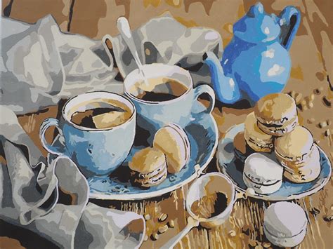 Ilustrácia švédskeho stola s kávou a sušienkami