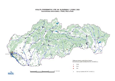 Mapa znečistenia vôd s vyznačenými oblasťami s vyšším výskytom škodlivých látok