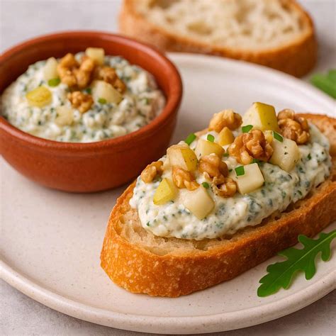 Nivová nátierka s hruškou na bagete ozdobená orechmi a brusnicami