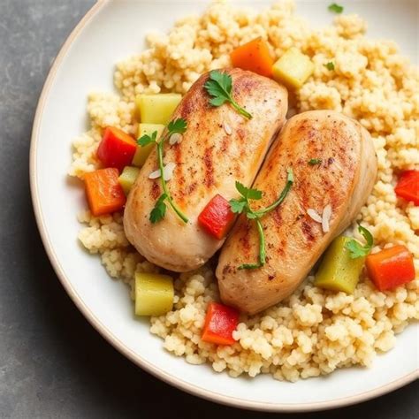 Esteticky naaranžovaný tanier s kuskusom a zeleninou