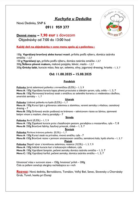 Ukážka denného menu s jedlami