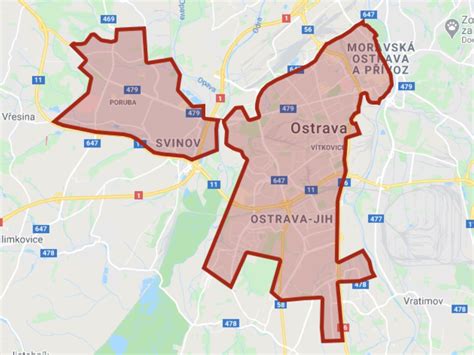 Mapa s vyznačenými oblasťami rozvozu jedla