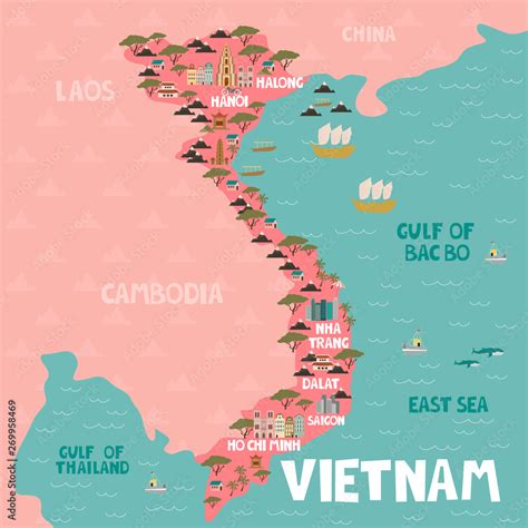 Mapa Vietnamu s vyznačenými regiónmi a ich kulinárskymi špecialitami