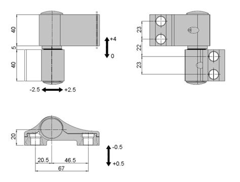Detailný pohľad na pánt dverí rúry s vyznačenými nastavovacími skrutkami