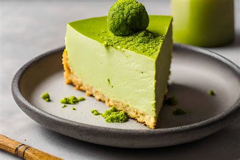 Čerstvé matcha lístky a hotový cheesecake