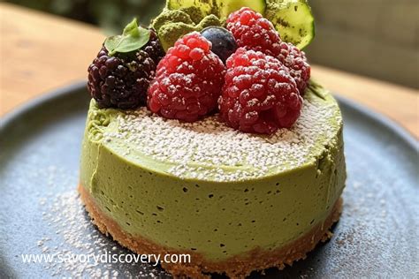 Detailná fotografia matcha cheesecake s ovocím