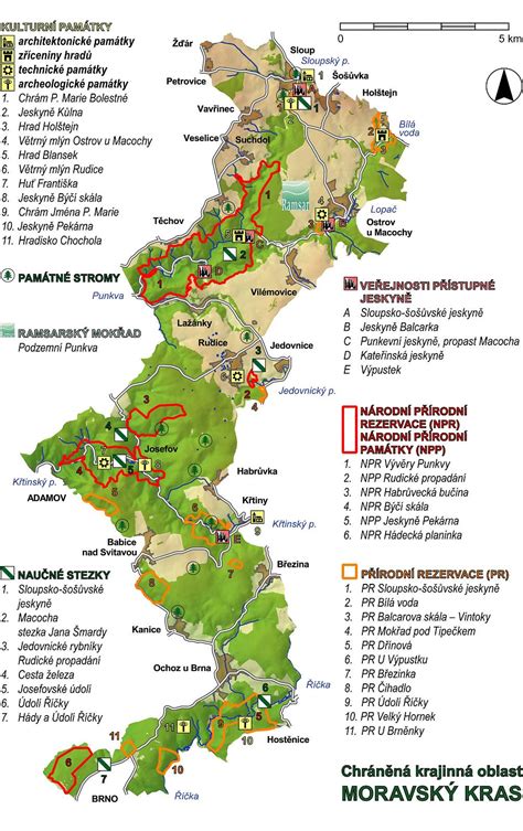 Mapa Moravského krasu s vyznačenými turistickými atrakciami