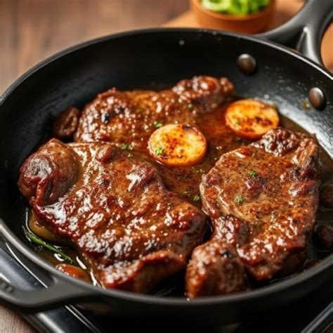 Opečené plátky mäsa na panvici