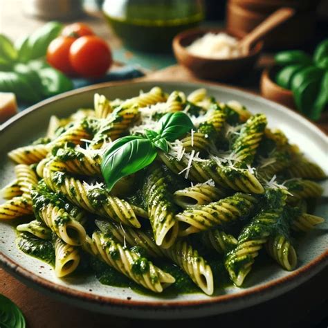 servírované cestoviny s bazalkovým pestom