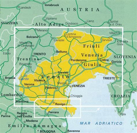 Mapa severného Talianska s vyznačenými regiónmi Veneto a Friuli