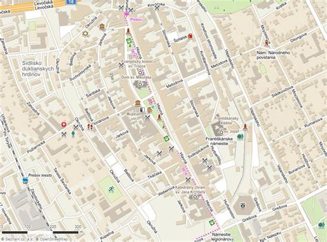 Mapa historického centra Prešova s vyznačeným hotelom Dukla