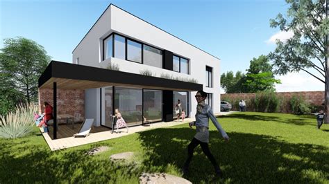 Vizualizácia moderného poschodového domu s rovnou strechou a francúzskymi oknami