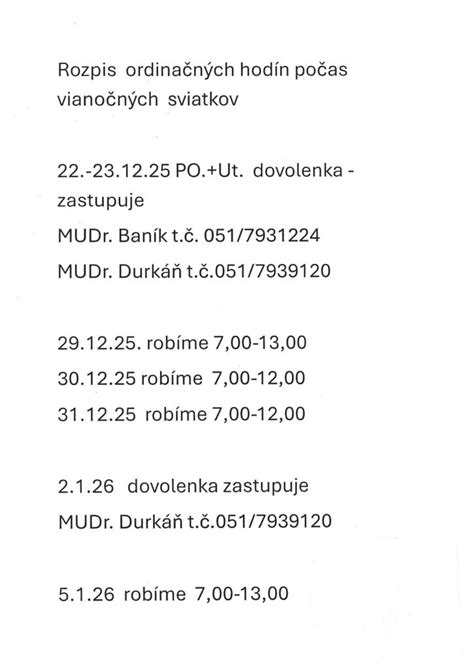 Rozpis prevádzkových hodín ambulantnej pohotovosti