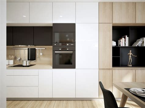 Interiér modernej kuchyne s vstavanou kombinovanou rúrou s mikrovlnným ohrevom