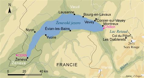 Mapa Ženevského jazera s vyznačením Evianu