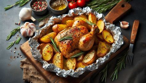 Ilustrácia kuracích pŕs s rôznou zeleninou pripravených v alobale