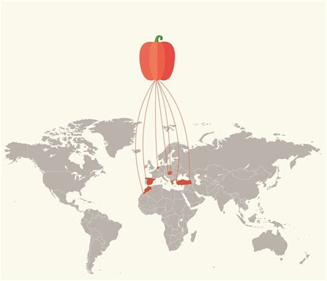 Mapa sveta s vyznačenými oblasťami pôvodu rôznych druhov ovocia a zeleniny