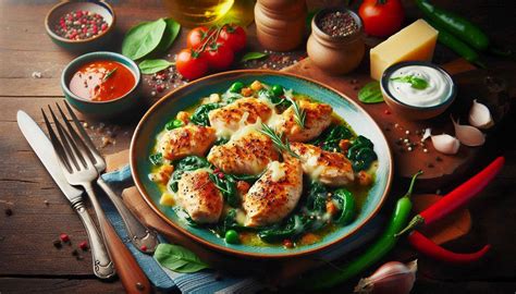 Ilustrácia pečeného kuracieho mäsa so špenátom a syrom v pekáči