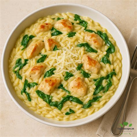 Miska s cestovinami, kuracím mäsom a špenátom posypaná parmezánom