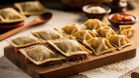 Ilustrácia rôznych druhov talianskych plnených cestovín: ravioli, tortellini, cannelloni