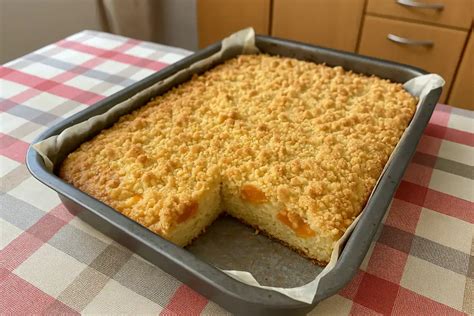 Hotový hrnčekový marhuľový koláč s posýpkou