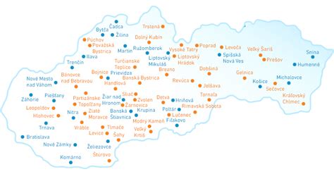 Mapa Slovenska s vyznačenými mestami cukrární