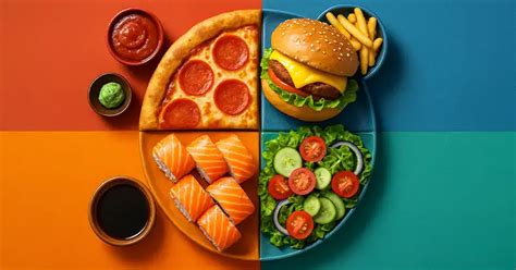 Ilustrácia rôznych druhov jedla: pizza, burger, sushi, kebab