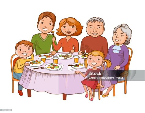 Ilustrácia rodiny pri spoločnom stole s jedlom
