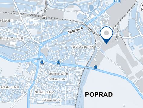 Mapa Popradu s vyznačenými ulicami Komenského a Okružná