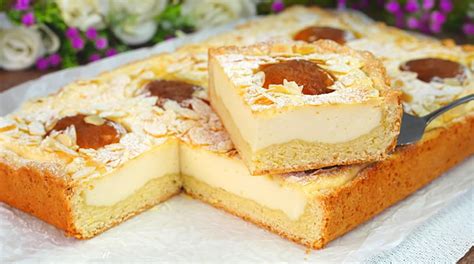 Hotový tvarohový koláč s marhuľami