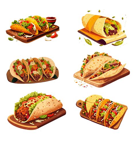 Ilustrácia rôznych mexických jedál - tacos, burrito, quesadilla