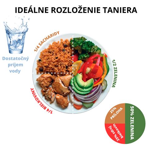 Ilustrácia vyváženého taniera s bielkovinami, sacharidmi a zeleninou