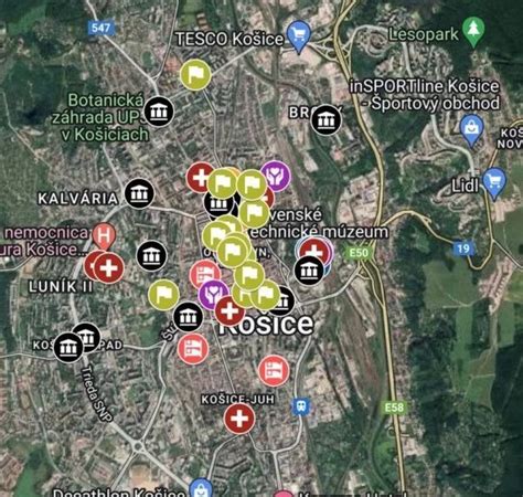 Mapa Košíc s vyznačenými pekárenskými prevádzkami