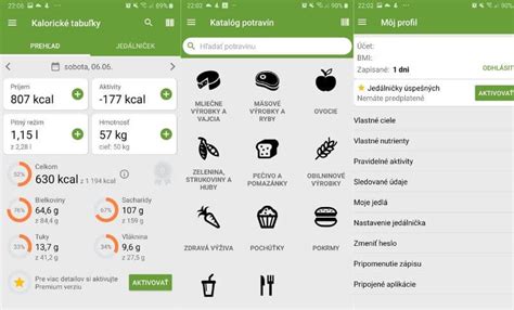 Ukážka rozhrania mobilnej aplikácie Kalorické tabuľky