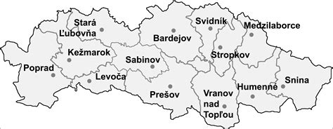 Mapa Prešovského kraja s vyznačenými mestami