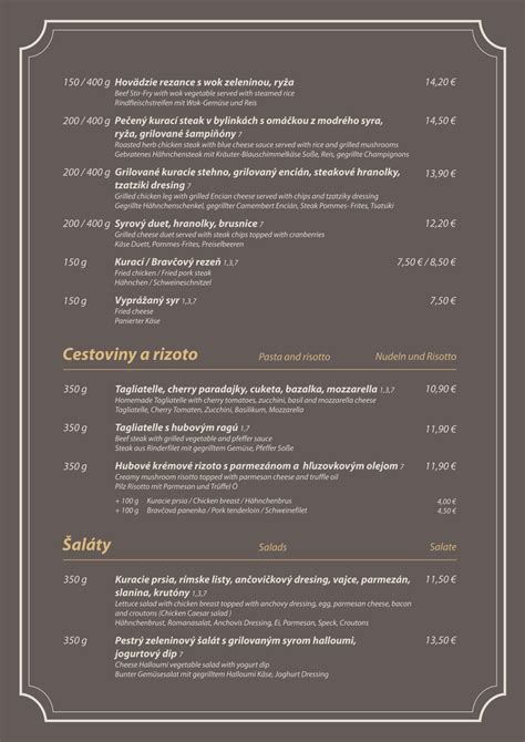 Jedálny lístok reštaurácie