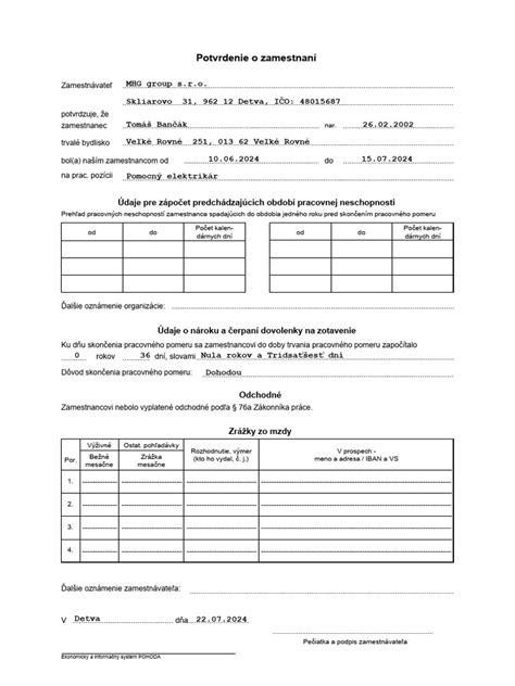 Šablóna potvrdenia o zamestnaní s vyplnenými políčkami